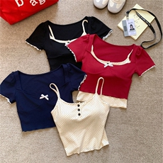 法式复古波点吊带背心女带胸垫+辣妹蝴蝶结修身短袖T恤上衣两件套，女装背心吊带，梦白服饰厂