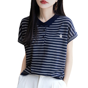 夏季圆领撞色条纹莱赛尔天丝刺绣字母短袖T恤女套头针织半袖上衣图片