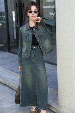 潮牌复古时尚牛仔套装女2024春秋新款洋气炸街短外套阔腿裤两件套，女装套装/套裙，潮流依族