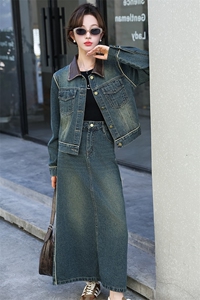 潮牌复古时尚牛仔套装女2024春秋新款洋气炸街短外套阔腿裤两件套图片