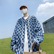 22秋冬港风大码美式棒球服长袖外套夹克格子牛仔衣潮流F17/P65，男装夹克，钱塘713
