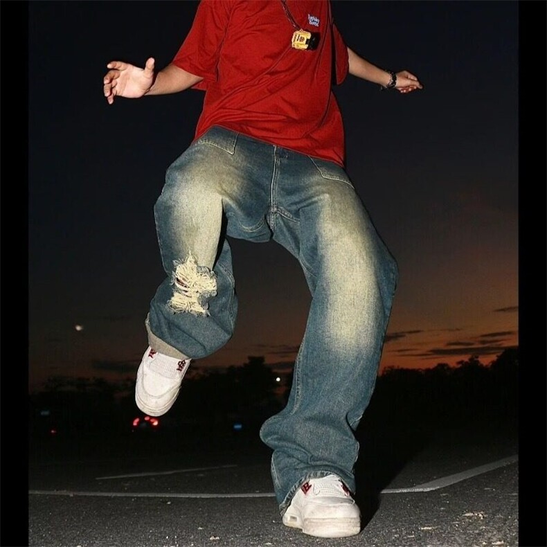 美式高街hiphop复古蓝水洗做旧破洞牛仔裤男嘻哈宽松直筒阔腿裤子，女装休闲裤，星座506A
