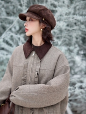 水衣源2902款撞色翻领木耳边羊毛呢外套女冬季夹棉保暖呢子夹克女，女装棉衣/棉服，水衣源