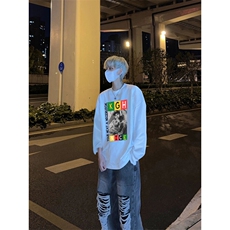 美式复古黑人说唱印花长袖T恤小领口打底衫，男装T恤，星座310A-4