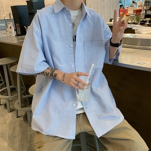 条纹短袖衬衫男夏季百搭潮流衬衣宽松休闲高街潮牌外套CS196-p30图片