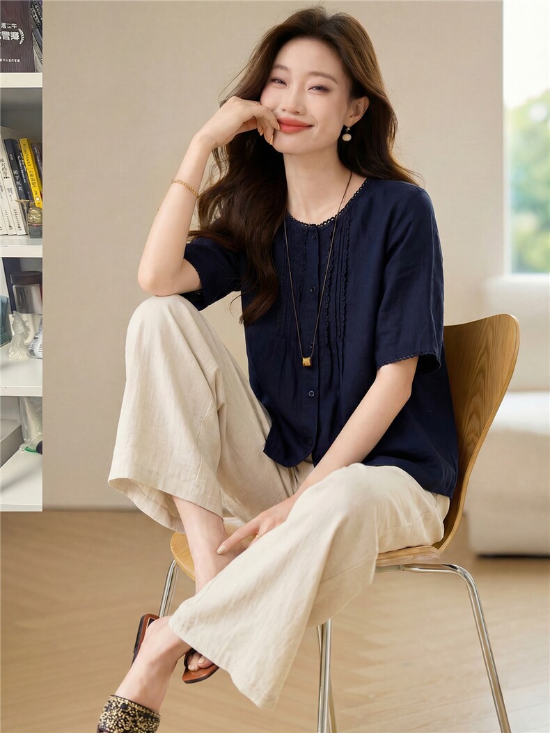 已出大货。套装女2026夏季新款复古气质宽松阔腿裤两件套棉,女装套装/套裙,依万里