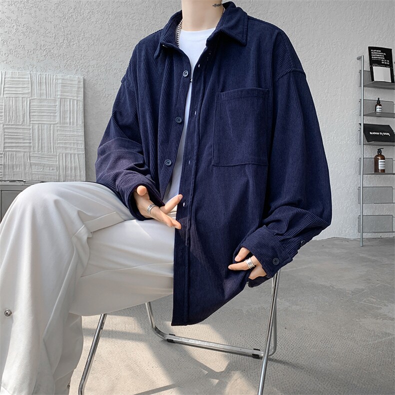 8XL-M灯芯绒衬衫特大码复古秋冬翻领长袖上衣纯色外套CS9001/P58,男装衬衫,电商B238