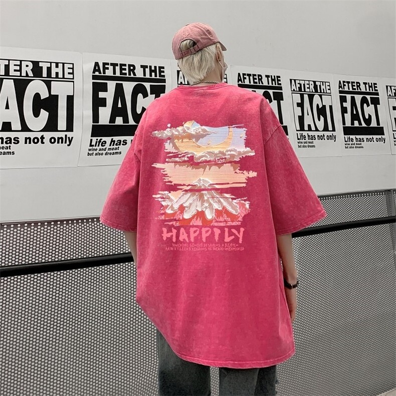 粉色水洗做旧短袖T恤男潮牌潮流300g重磅多巴胺美式高街7七分袖夏,男装T恤,星座510A-5