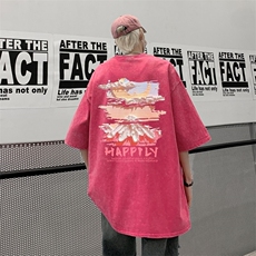 粉色水洗做旧短袖T恤男潮牌潮流300g重磅多巴胺美式高街7七分袖夏，男装T恤，星座510A-5