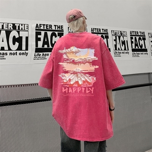 粉色水洗做旧短袖T恤男潮牌潮流300g重磅多巴胺美式高街7七分袖夏图片
