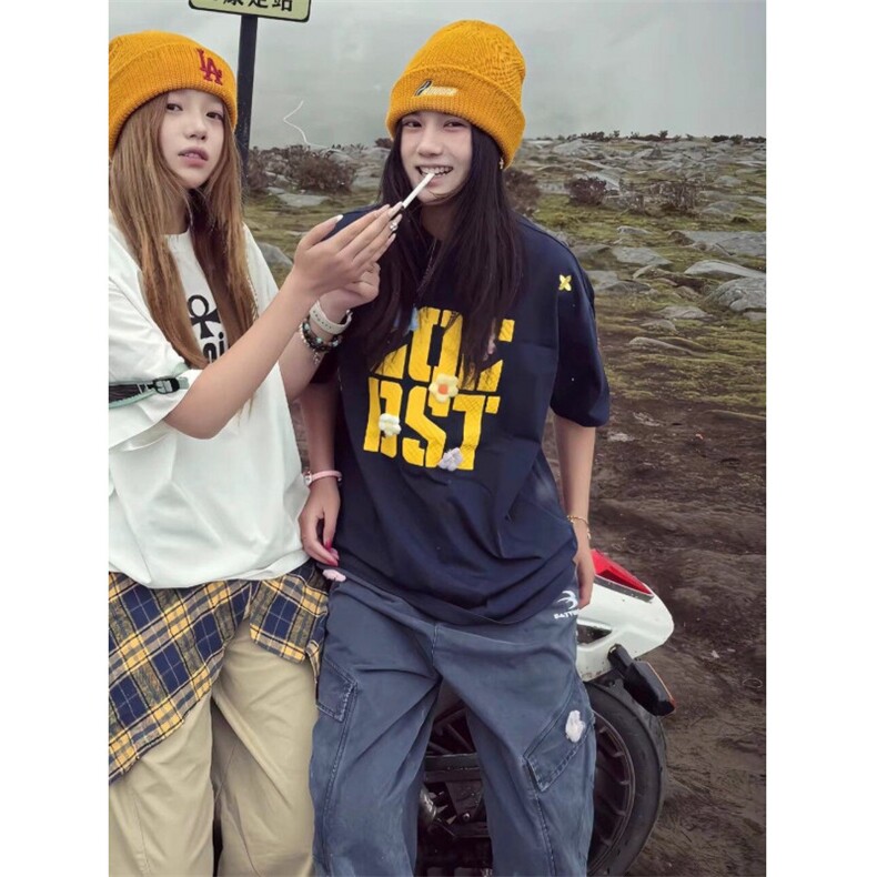 H0983-P35发泡印+订辅料220克宽松休闲短袖T恤男女同款图片