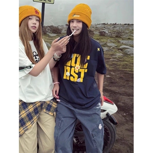 H0983-P35发泡印+订辅料220克宽松休闲短袖T恤男女同款图片