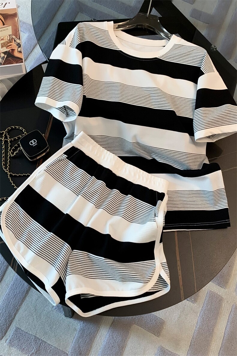 高级感时尚潮流套装女夏新款宽松圆领条纹短袖上衣阔腿短裤两件套,女装套装/套裙,江南