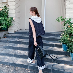 夏季牛仔阔腿裤马甲时尚两件套女图片