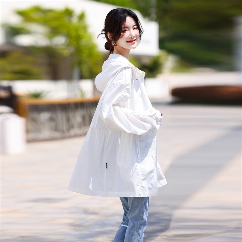 有防晒报告】夏中长款薄风衣外套宽松型夏季防紫外线薄外套,女装风衣,鑫源服饰