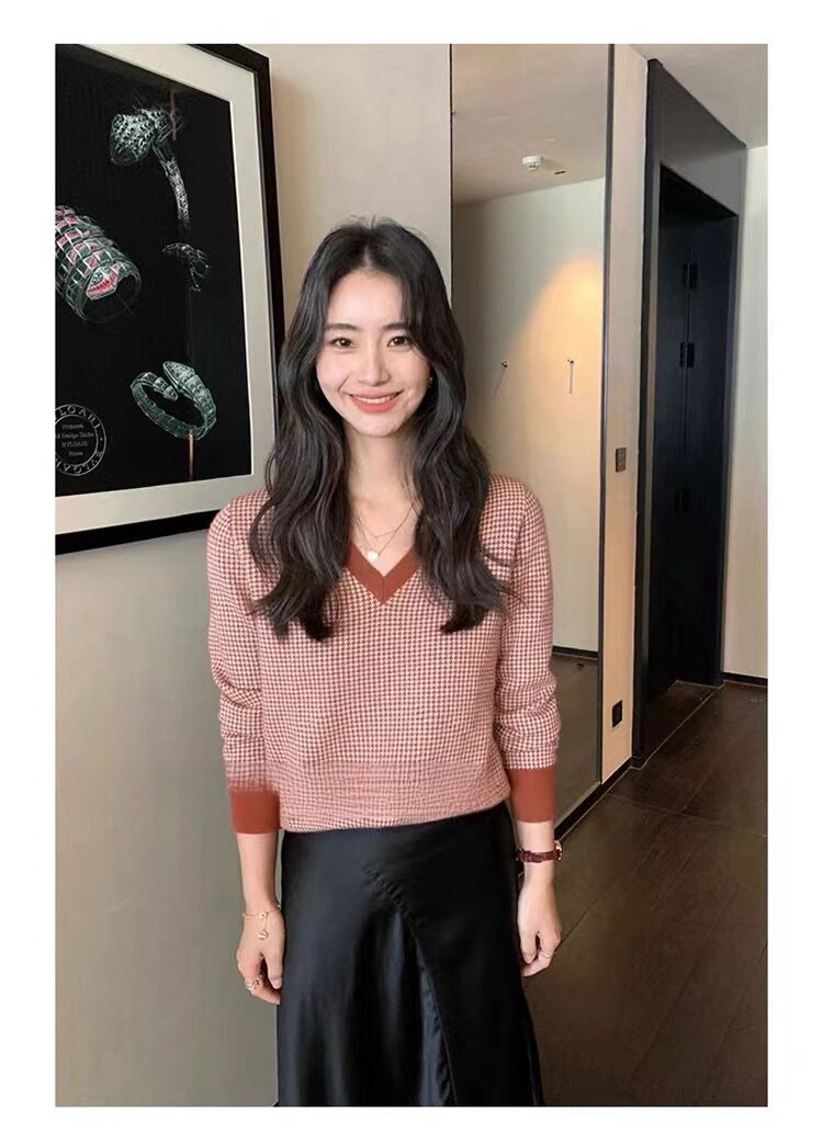 HE|千鸟格设计轻奢baby山羊绒衫女V领宽松针织衫慵懒风软糯毛衣,女装羊毛衫,鑫之绒