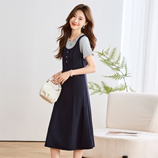 假两件圆领连衣裙女2025年夏季新款气质收腰中长款T恤裙，女装连衣裙，辉之琳