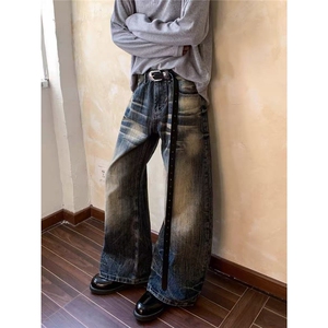美式复古水洗做旧阔腿弯刀牛仔裤男女新款小众长裤NA406-P60图片