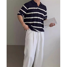夏季白色翻领Polo衫条纹日系针织衫男短袖上衣T恤衫宽松TB283，男装Polo衫，星座1116A-2（原606A-1）