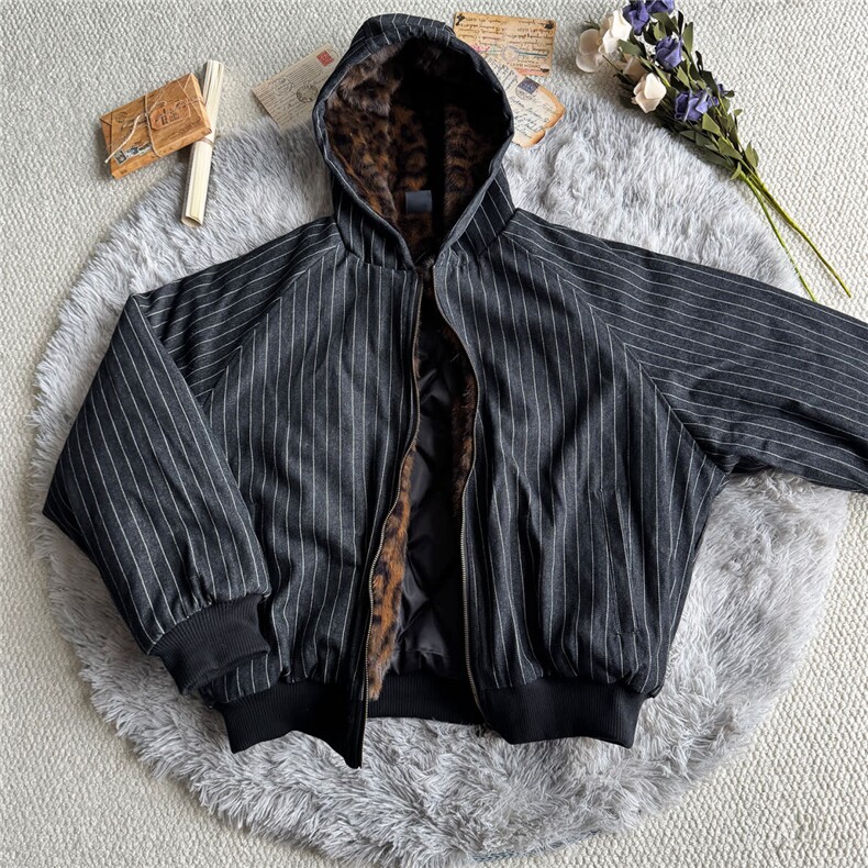 复古牛仔条纹棉服男冬季潮牌宽松情侣加厚保暖棉袄潮LS50399-p115图片