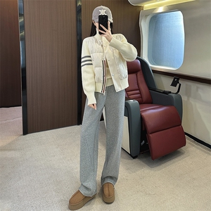 女秋冬条纹棉服针织高领拉链加厚外套图片