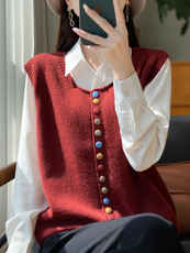 彩色扣休闲春毛衣马甲针织开衫女秋无袖叠穿坎肩外套复古马夹背心，女装针织衫/毛衣，雅尚羊绒