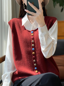 彩色扣休闲春毛衣马甲针织开衫女秋无袖叠穿坎肩外套复古马夹背心图片