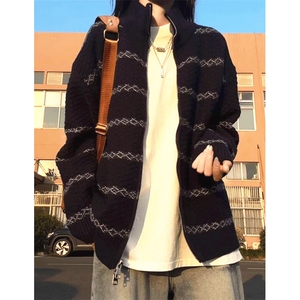 千层浪条纹开衫2025秋季新款黑白拼色花纹针织衫外套 M8872图片