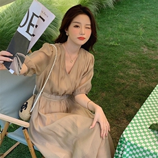 泡泡袖气质名媛V领连衣裙女夏季2025新款高级感收腰显瘦天丝长裙，女装连衣裙，浙宝305