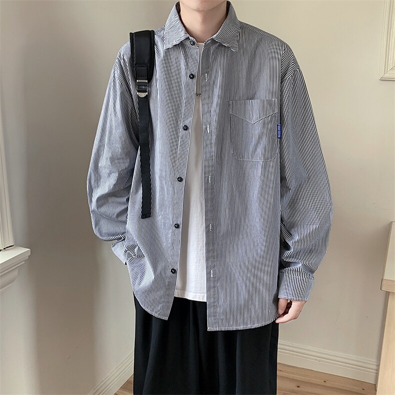 秋季新款Q2476-TP2539日系复古条纹衬衫宽松百搭古着衬衣男,男装衬衫,电商A102