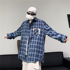 夏款男长袖衬衫条纹格子字母印花织带宽松衬衣CS060P38，男装衬衫，星座1013-1