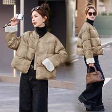 新中式国风提花羽绒服女短款2024冬季爆款仿水貂毛拼接白鸭绒外套，女装羽绒服，曼娅璐