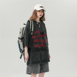 中性风新款23夏季做旧水洗百搭时尚圆领纯棉短袖T恤DT1012P38控58图片