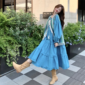 蓝色长袖连衣裙套装女秋季2025新款一整套穿搭马甲开衫长裙两件套图片