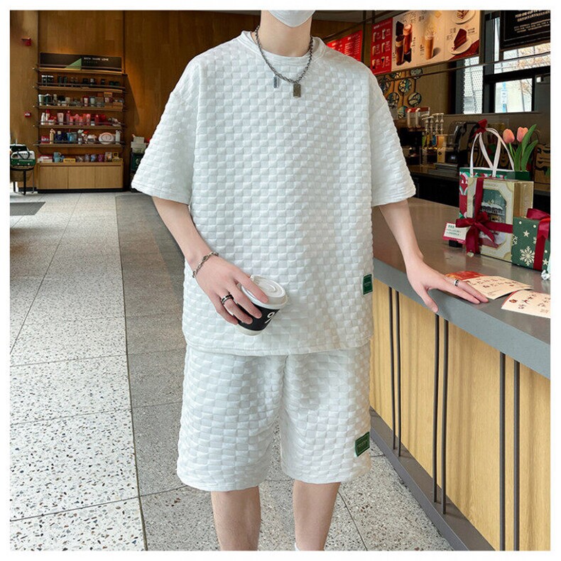 棋盘格子提花冰丝短袖T恤套装男士2025夏季装大码两件套TZ40-P25,男装T恤,星座1816-2（原1210–2）
