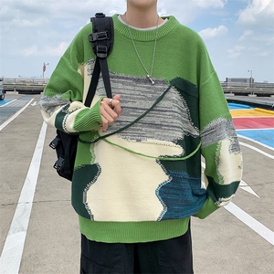 B222-P42 日系复古不规则圆领针织衫秋冬高街潮牌拼接套头毛衣男图片