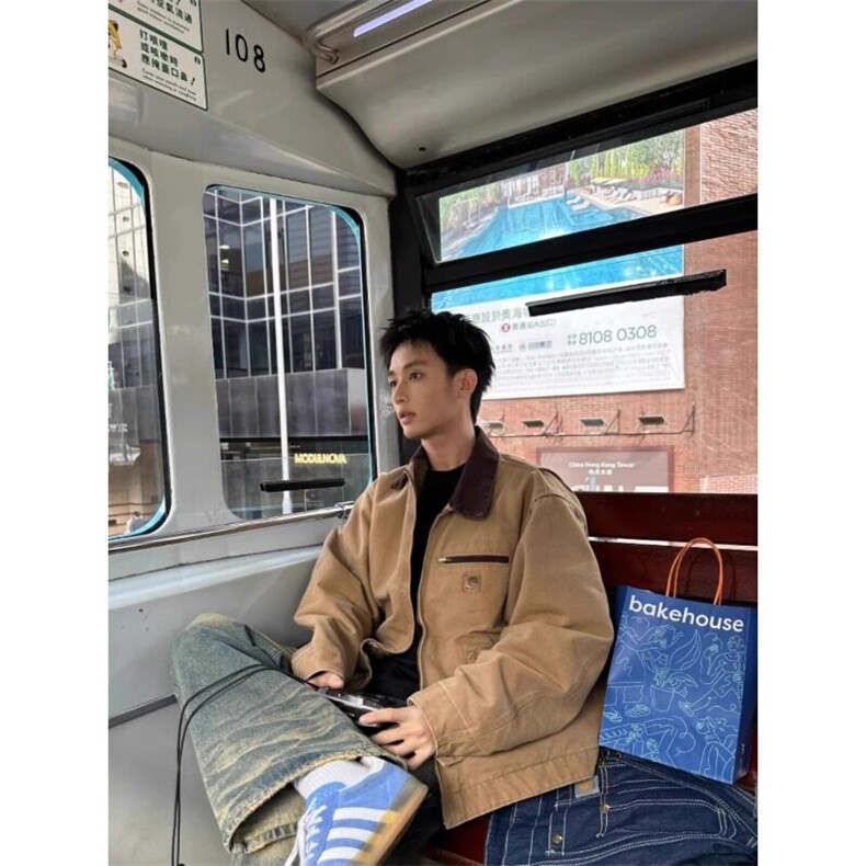 卡其色外套美式复古翻领棒球服高级底特律工装夹克JK7705特P68,男装夹克,星座908-1