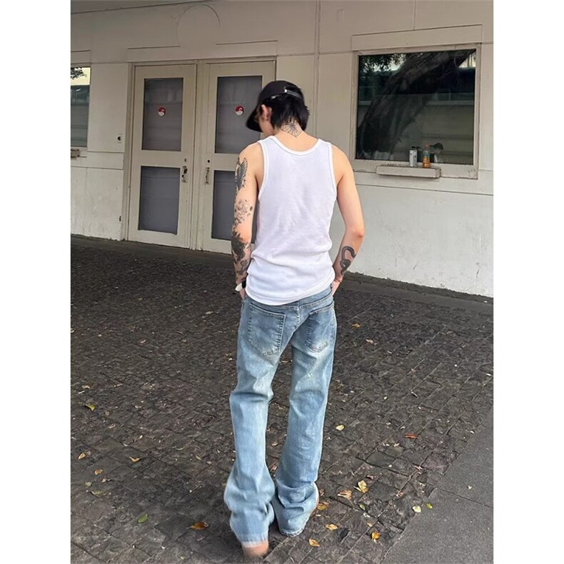美式复古水洗浅蓝色牛仔裤男潮牌cleanfit裤脚磨破直筒裤,男装牛仔裤,星座506A