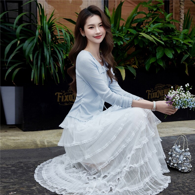 现货2026年春季气质优雅时尚潮流通用女针织衫上衣蕾丝连衣裙套装,女装套装/套裙,艾贝斯