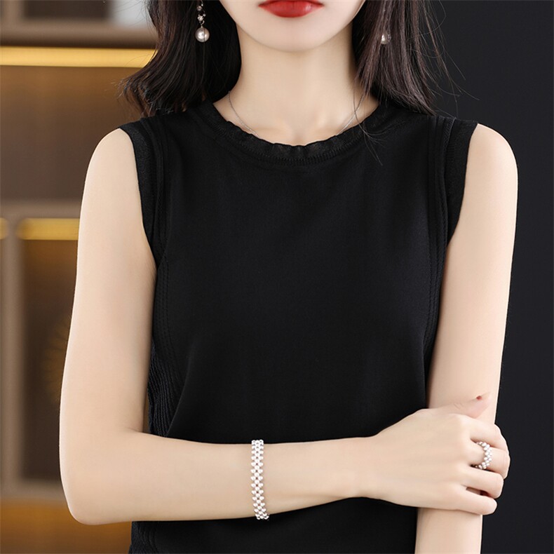 2024秋季新款蕾丝短袖女垂感冰丝时尚百搭，女装背心吊带，千御纺羊绒