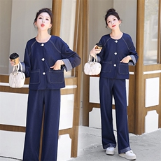 时尚简约大方气质优雅收腰显瘦休闲修身百搭两件套牛仔年秋季长裤，女装套装/套裙，梦依杭