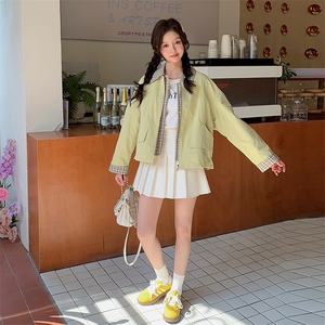 现货韩版时尚假两件短外套女洋气春秋季新款小个子显瘦工装夹克图片