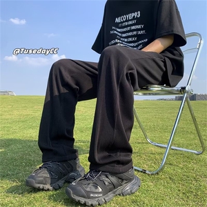 美式复古白色明线解构弯刀牛仔裤女多口袋宽松显瘦休闲阔腿拖地裤