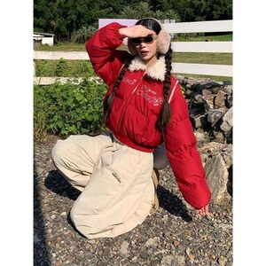 复古设计感字母刺绣毛领棉服女冬季新款百搭宽松短款保暖外套棉服图片