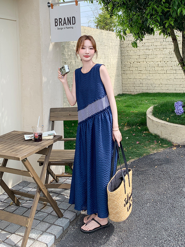 蓝色条纹拼接连衣裙女2025夏季新款复古轻熟风显瘦时尚无袖背心裙,女装连衣裙,浙宝276（原081）