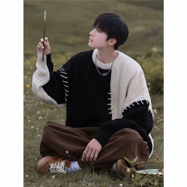 M212-P47拼接撞色毛衣男生秋冬季潮牌宽松休闲慵懒风,男装针织衫/毛衣,电商B323A