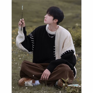 M212-P47 拼接撞色毛衣男生秋冬季潮牌宽松休闲慵懒风图片