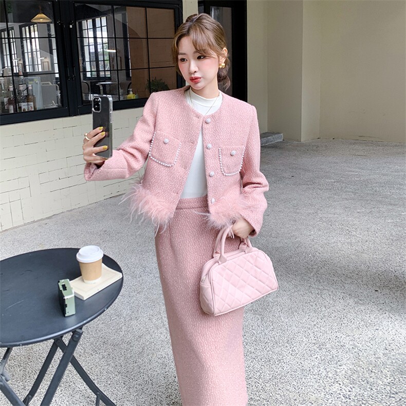 粉色小香风套装2025新款爆款女春季气质名媛富家千金毛呢套装裙，女装套装/套裙，霓裳依族