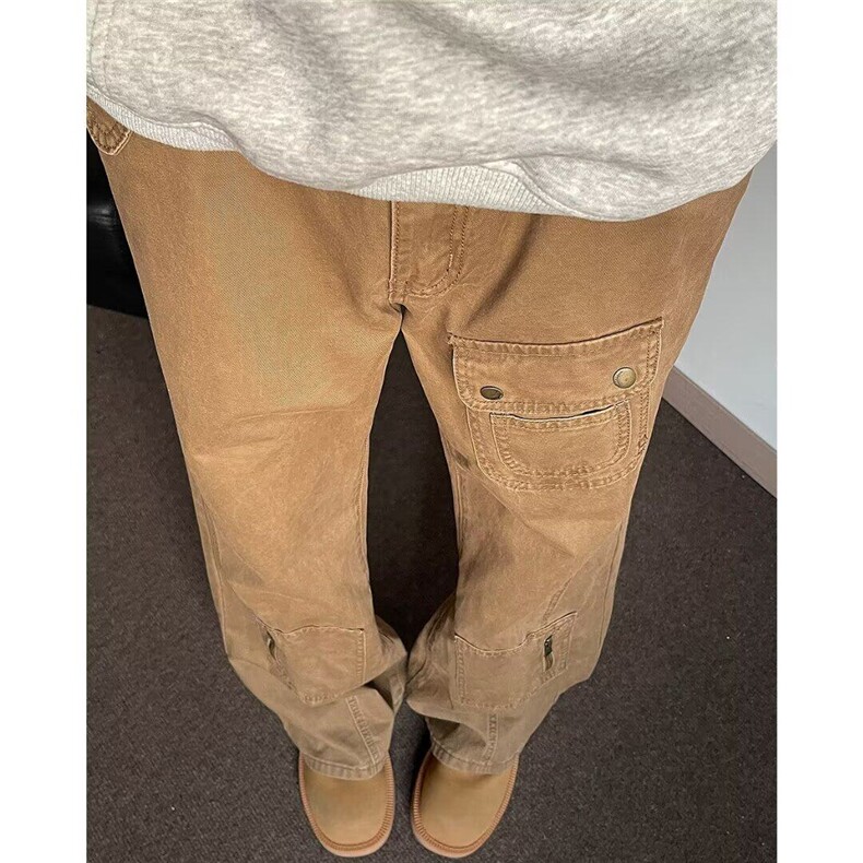 美拉德棕色小众解构设计感牛仔裤男款美式复古宽松直筒微喇工装裤，男装牛仔裤，星座601-1