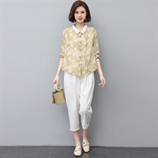 时尚棉麻套装女2022秋装新款韩版印花衬衫休闲裤两件套潮，女装大码女装，奕阳依阁